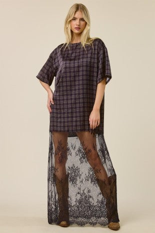 Plaid Lace Overlay Maxi Dress