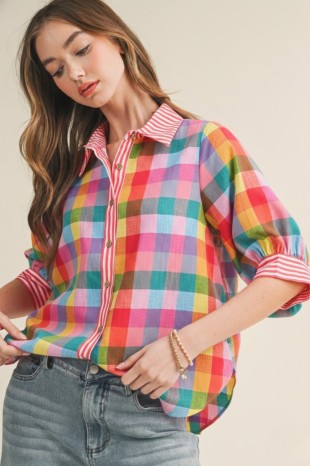 Romantic Gingham Check Blouse - Vivid