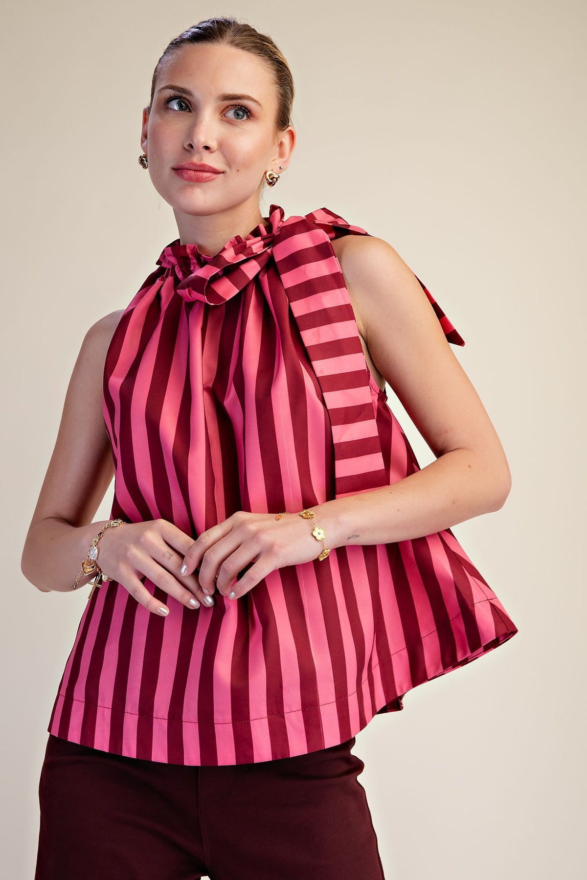 Ruffle Neck Tie Sleeveless Stripe Top - Burgundy