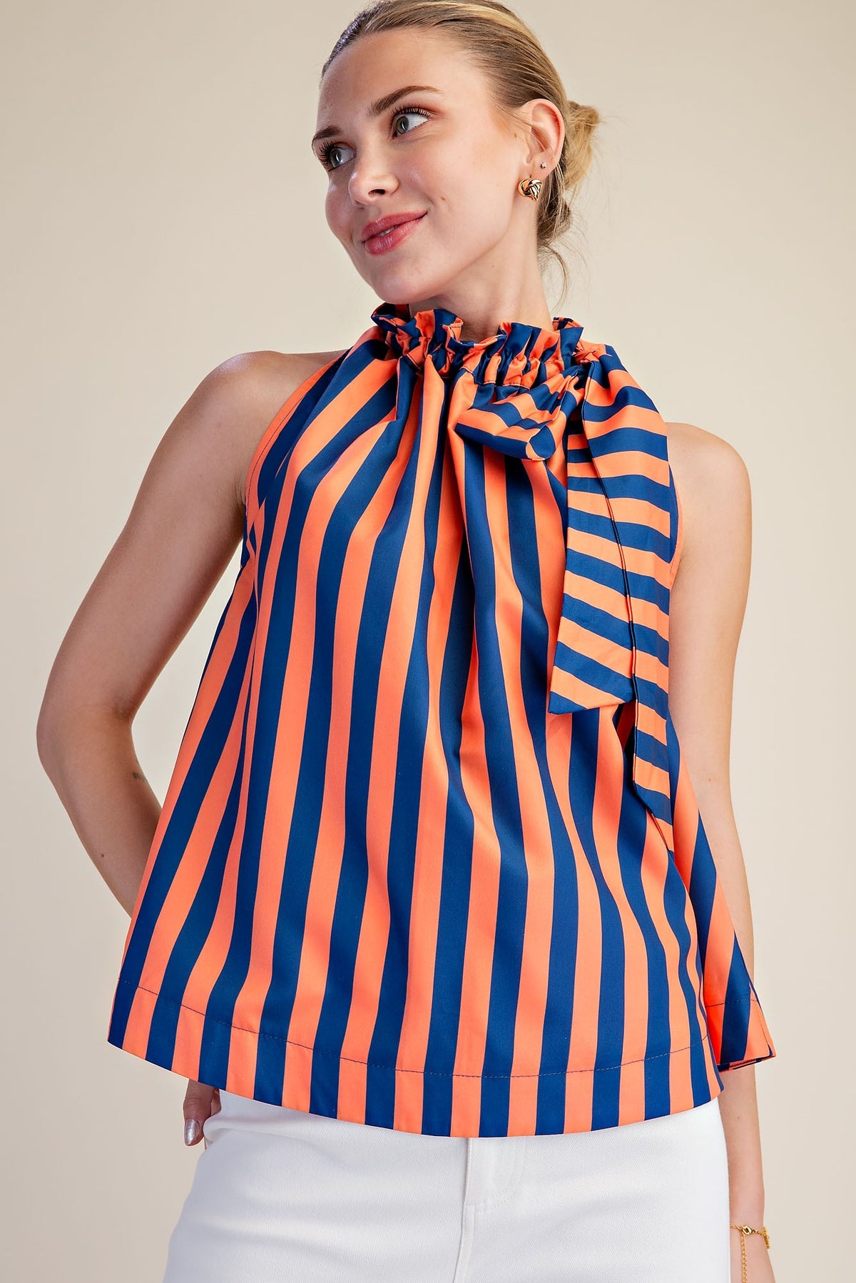 Ruffle Neck Tie Sleeveless Stripe Top - Navy